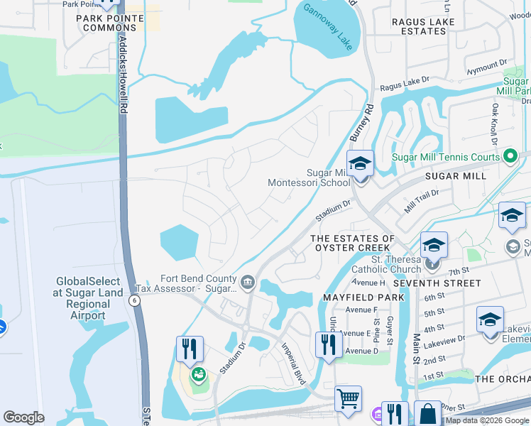 map of restaurants, bars, coffee shops, grocery stores, and more near 2 Monarch Trail in Sugar Land