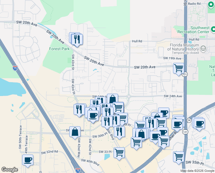 map of restaurants, bars, coffee shops, grocery stores, and more near 2232 Southwest 39 Drive in Gainesville