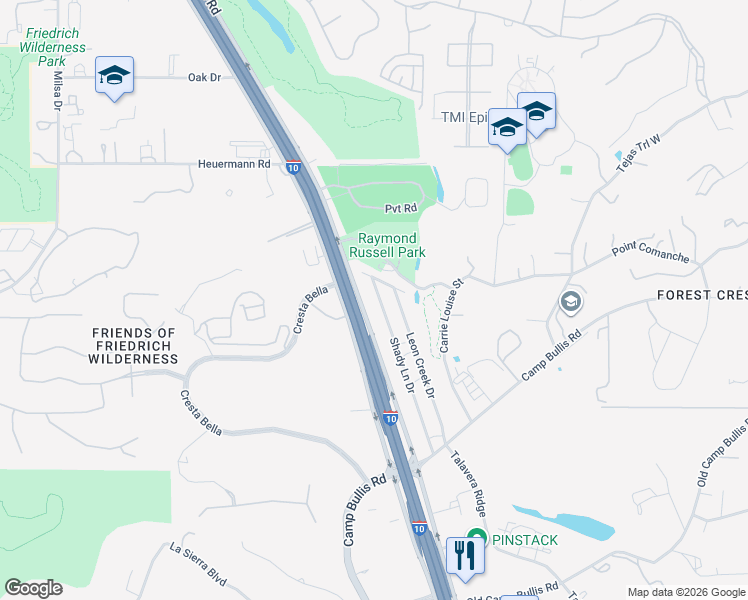 map of restaurants, bars, coffee shops, grocery stores, and more near 20305 Shady Lane Drive in San Antonio