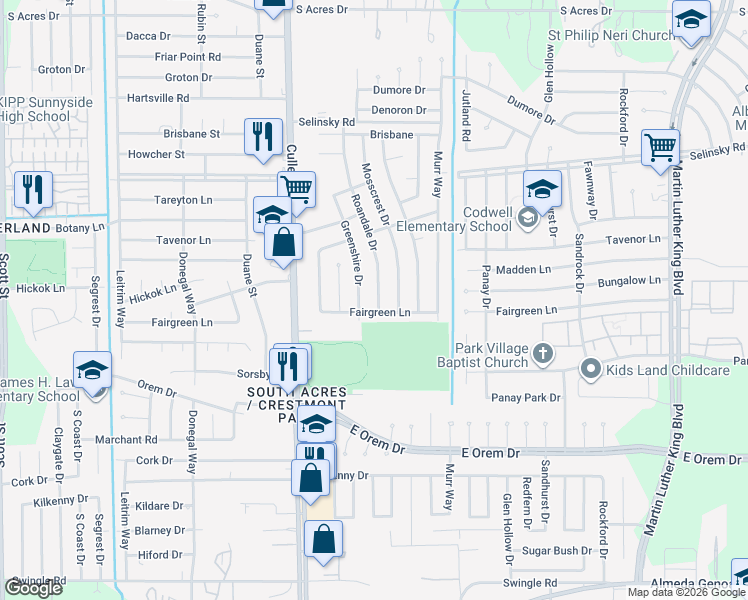 map of restaurants, bars, coffee shops, grocery stores, and more near 11822 Roandale Drive in Houston