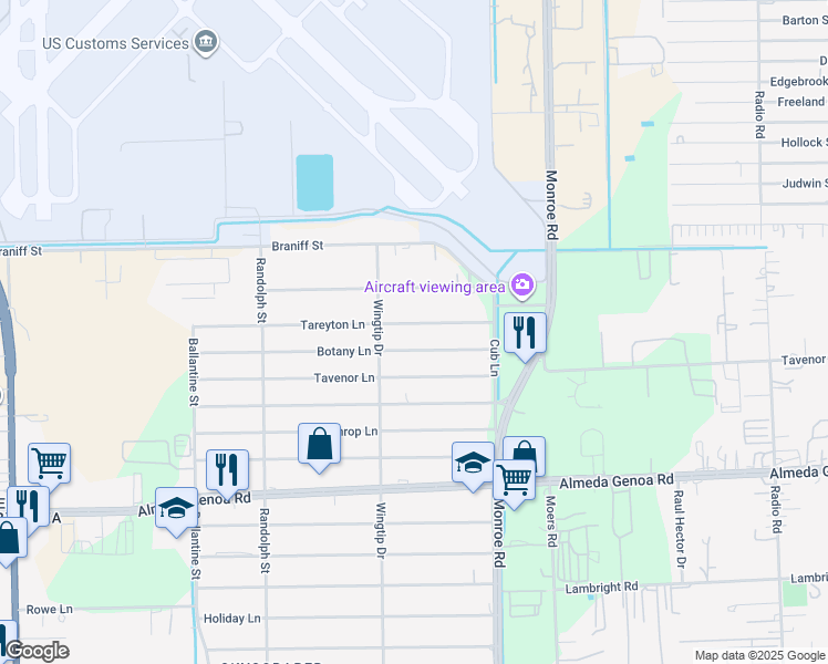 map of restaurants, bars, coffee shops, grocery stores, and more near 8337 Botany Lane in Houston