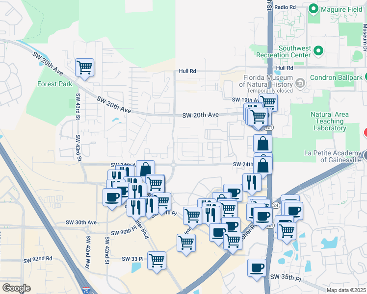 map of restaurants, bars, coffee shops, grocery stores, and more near 3801 Southwest 22nd Place in Gainesville