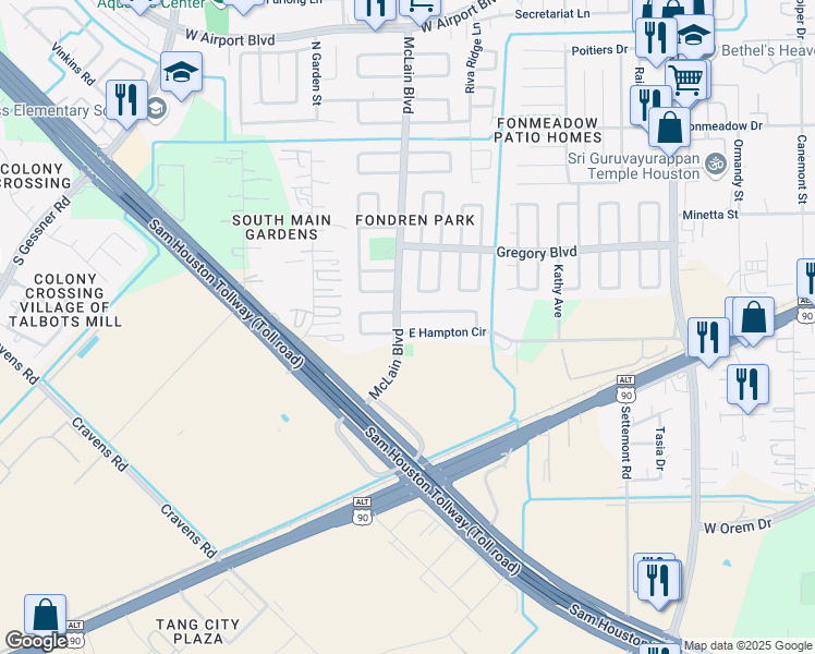 map of restaurants, bars, coffee shops, grocery stores, and more near 12039 McLain Boulevard in Houston