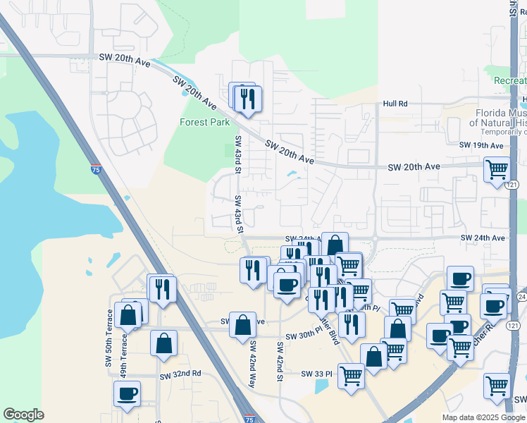 map of restaurants, bars, coffee shops, grocery stores, and more near 4215 Southwest 22nd Lane in Gainesville