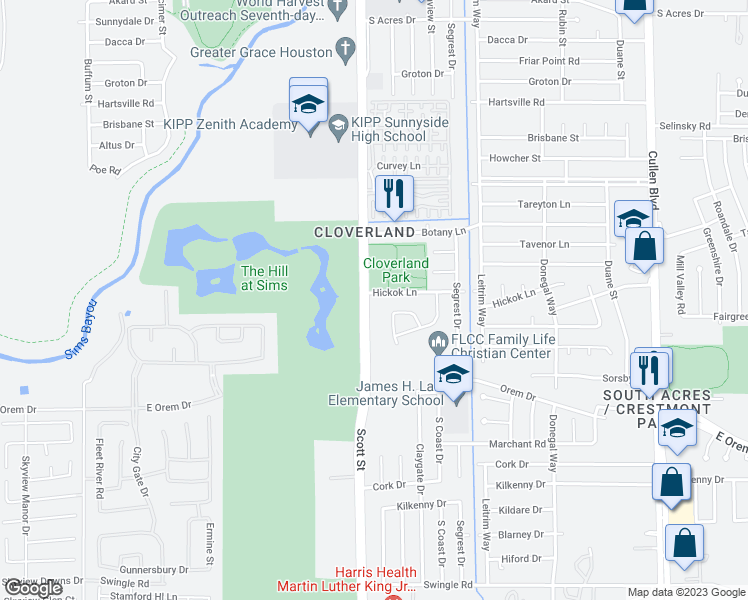 map of restaurants, bars, coffee shops, grocery stores, and more near 11903 Scott Street in Houston