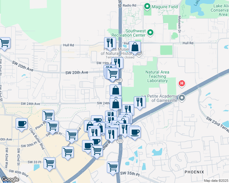 map of restaurants, bars, coffee shops, grocery stores, and more near 3466 Southwest 24th Avenue in Gainesville