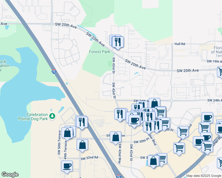 map of restaurants, bars, coffee shops, grocery stores, and more near 2362 Southwest 42nd Way in Gainesville