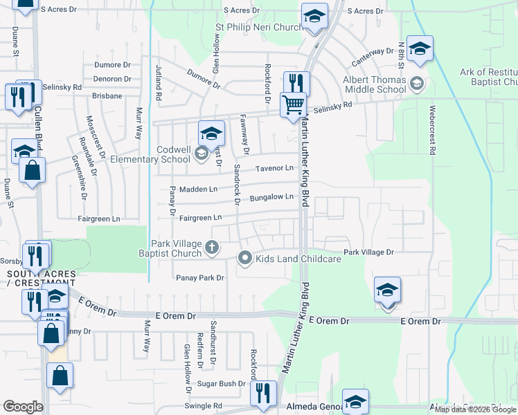 map of restaurants, bars, coffee shops, grocery stores, and more near 12000 Martin Luther King Boulevard in Houston