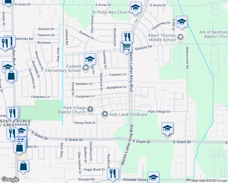 map of restaurants, bars, coffee shops, grocery stores, and more near 12000 Martin Luther King Boulevard in Houston