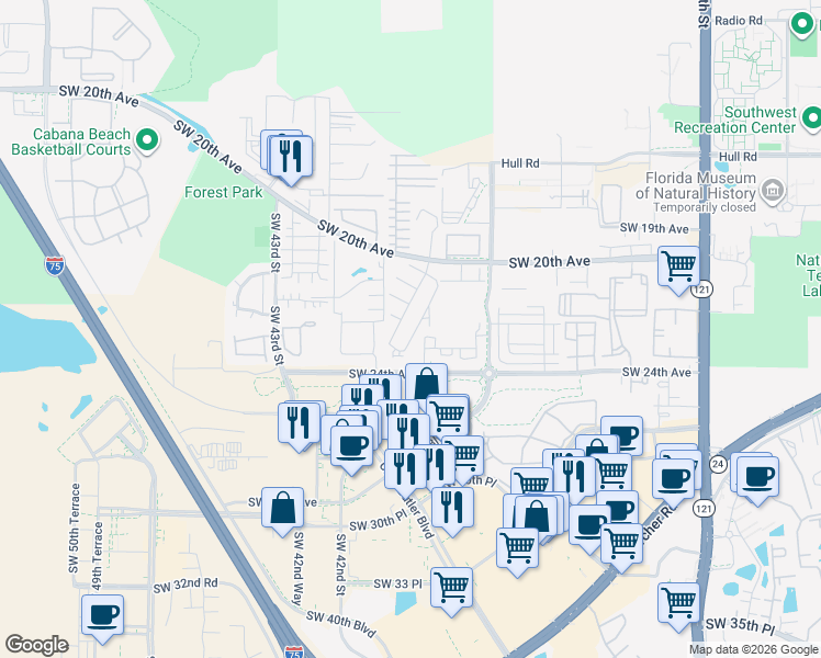 map of restaurants, bars, coffee shops, grocery stores, and more near 2318 Southwest 39 Drive in Gainesville