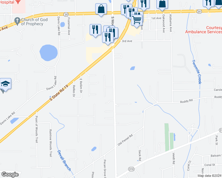 map of restaurants, bars, coffee shops, grocery stores, and more near 101 Pine Oak Way in Palatka