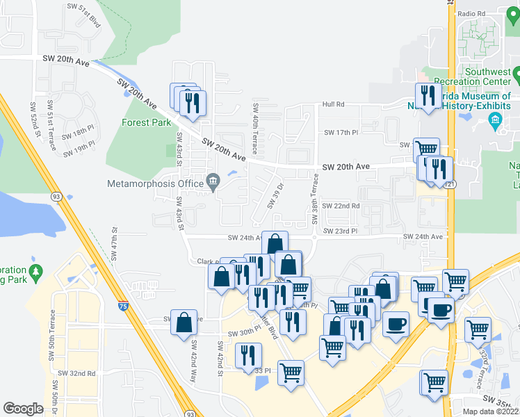 map of restaurants, bars, coffee shops, grocery stores, and more near 2229 Southwest 39th Way in Gainesville