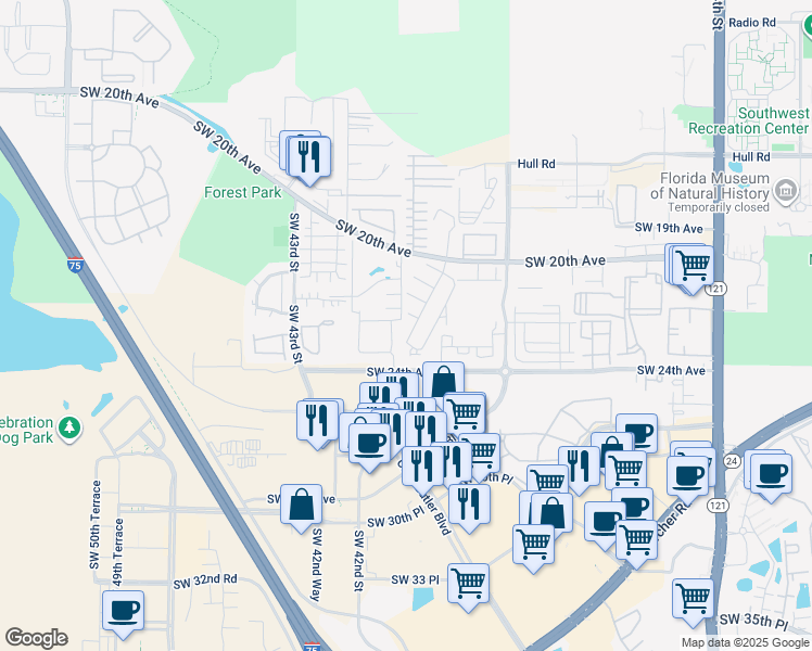 map of restaurants, bars, coffee shops, grocery stores, and more near 4005 Southwest 21st Lane in Gainesville