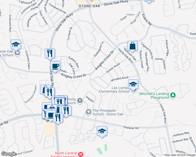 map of restaurants, bars, coffee shops, grocery stores, and more near 1114 Knights Cross Drive in San Antonio