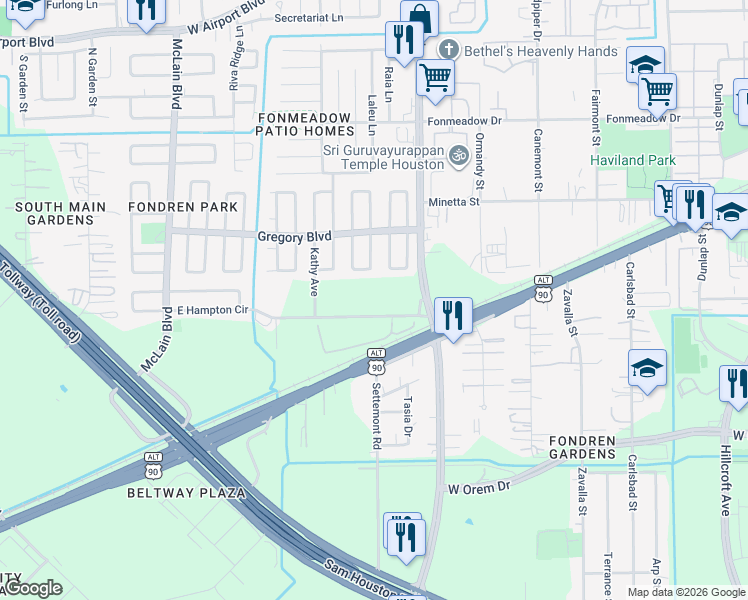 map of restaurants, bars, coffee shops, grocery stores, and more near 11851 South Evelyn Circle in Houston