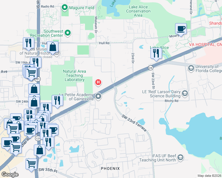 map of restaurants, bars, coffee shops, grocery stores, and more near Old Archer Road Trail in Gainesville