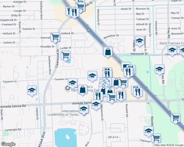 map of restaurants, bars, coffee shops, grocery stores, and more near 9590 Minnesota Street in Houston