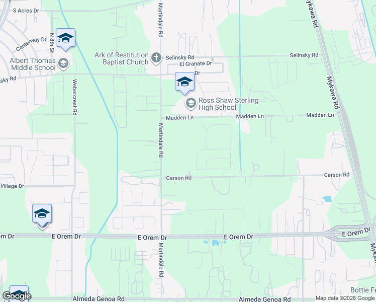 map of restaurants, bars, coffee shops, grocery stores, and more near 6121 Carson Road in Houston