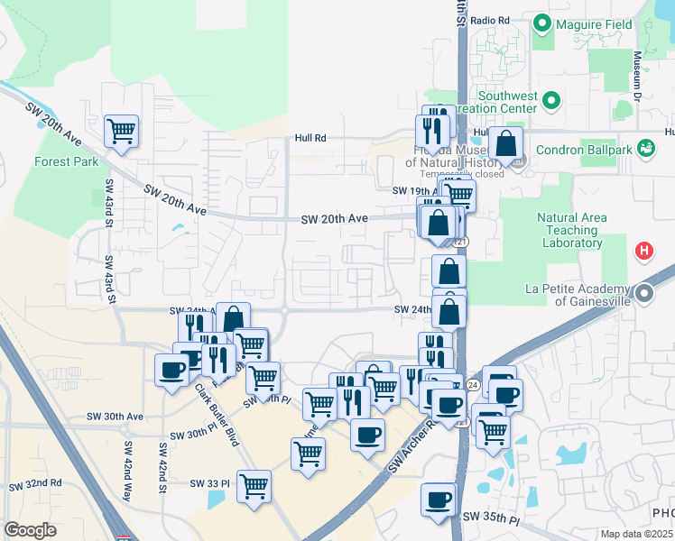map of restaurants, bars, coffee shops, grocery stores, and more near Southwest 37th Way in Gainesville