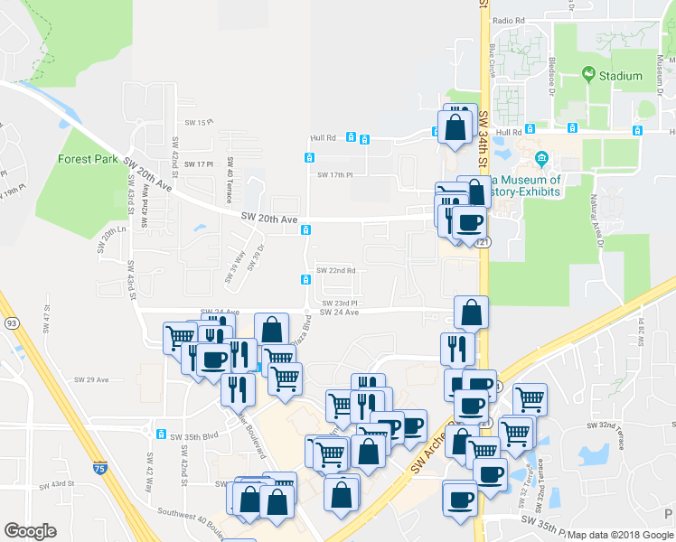 map of restaurants, bars, coffee shops, grocery stores, and more near 3804 Southwest 21st Lane in Gainesville