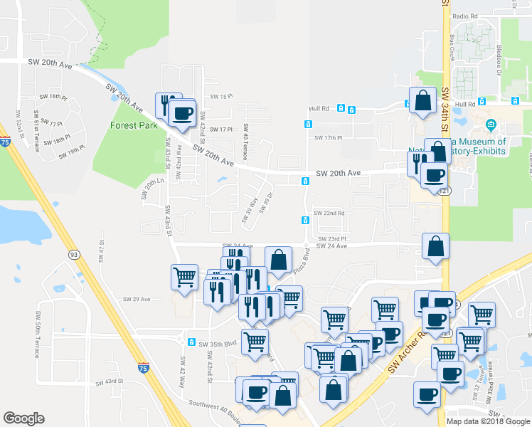 map of restaurants, bars, coffee shops, grocery stores, and more near 2117 Southwest 39 Drive in Gainesville