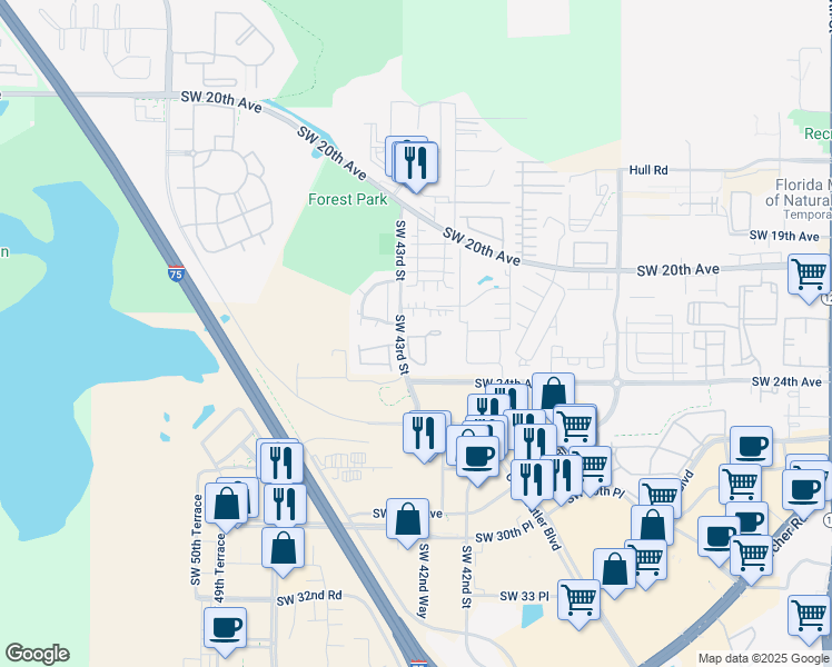 map of restaurants, bars, coffee shops, grocery stores, and more near 4404 Southwest 43rd Street in Gainesville