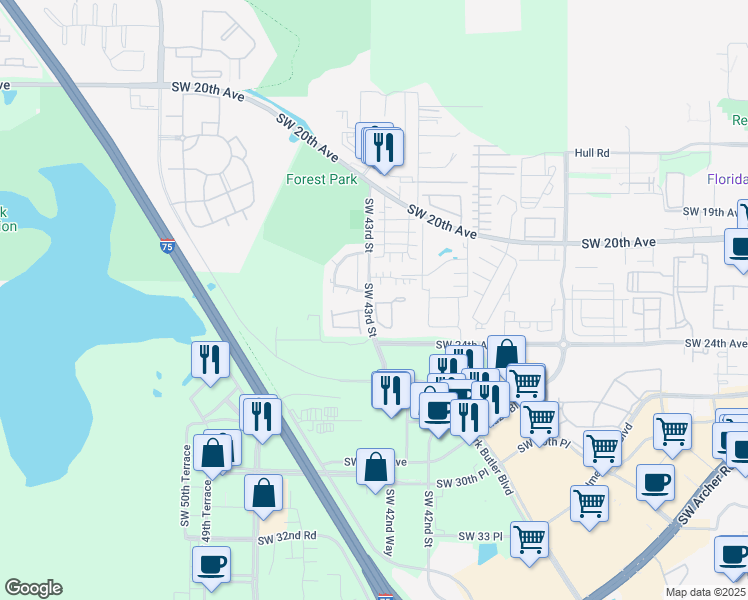 map of restaurants, bars, coffee shops, grocery stores, and more near 4404 Southwest 43rd Street in Gainesville