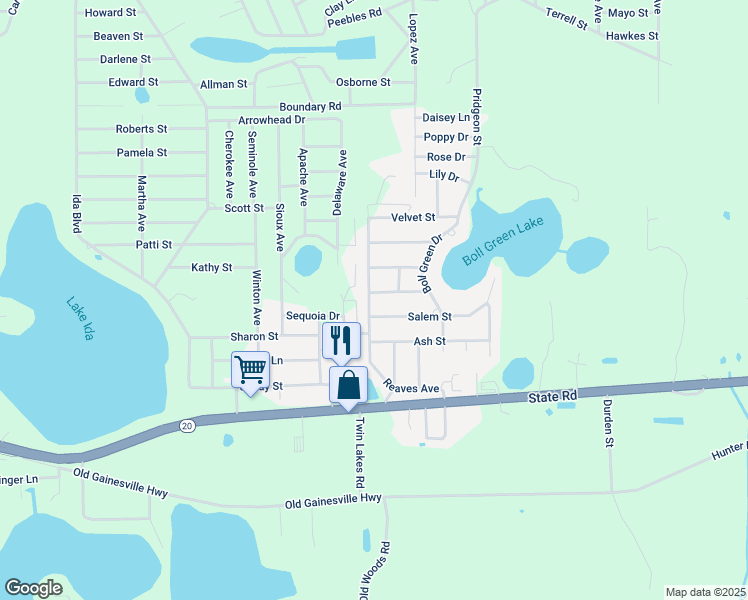 map of restaurants, bars, coffee shops, grocery stores, and more near 119 Orient Street in Interlachen
