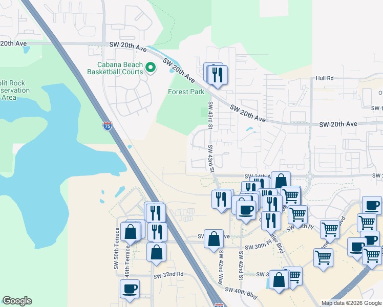map of restaurants, bars, coffee shops, grocery stores, and more near 4402 Southwest 21st Lane in Gainesville