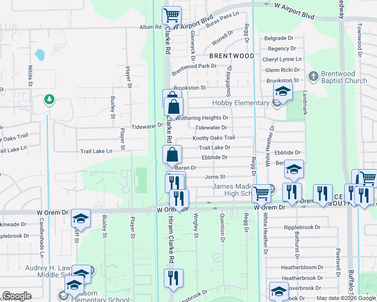 map of restaurants, bars, coffee shops, grocery stores, and more near 4419 Knotty Oaks Trail in Houston