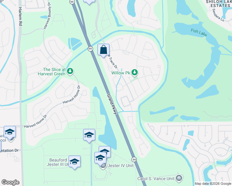 map of restaurants, bars, coffee shops, grocery stores, and more near 12418 Thorntonhall Drive in Fort Bend County