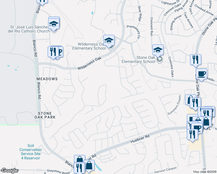 map of restaurants, bars, coffee shops, grocery stores, and more near 20423 Terrabianca in San Antonio