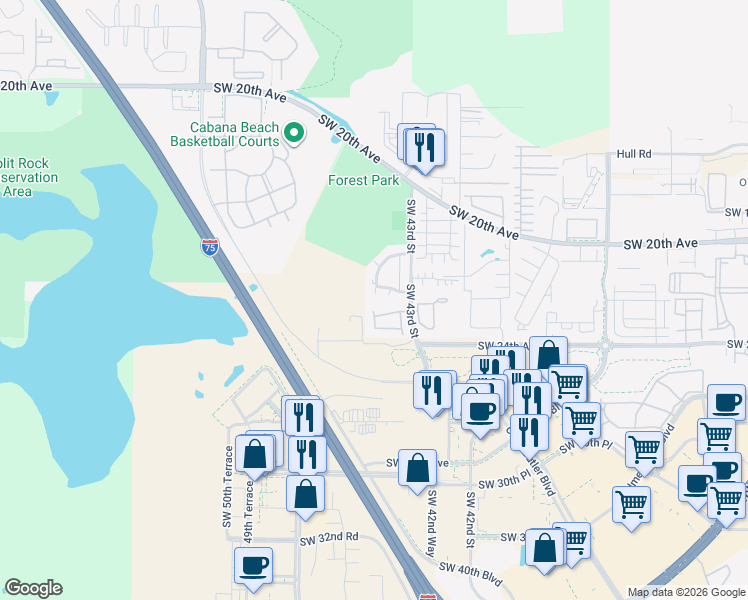 map of restaurants, bars, coffee shops, grocery stores, and more near 4402 Southwest 21st Lane in Gainesville