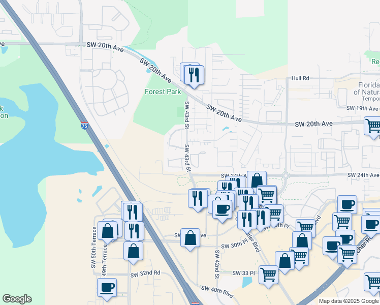 map of restaurants, bars, coffee shops, grocery stores, and more near 4404 Southwest 43rd Street in Gainesville