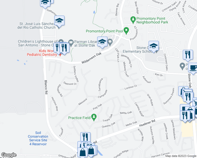 map of restaurants, bars, coffee shops, grocery stores, and more near 20411 Terrabianca in San Antonio