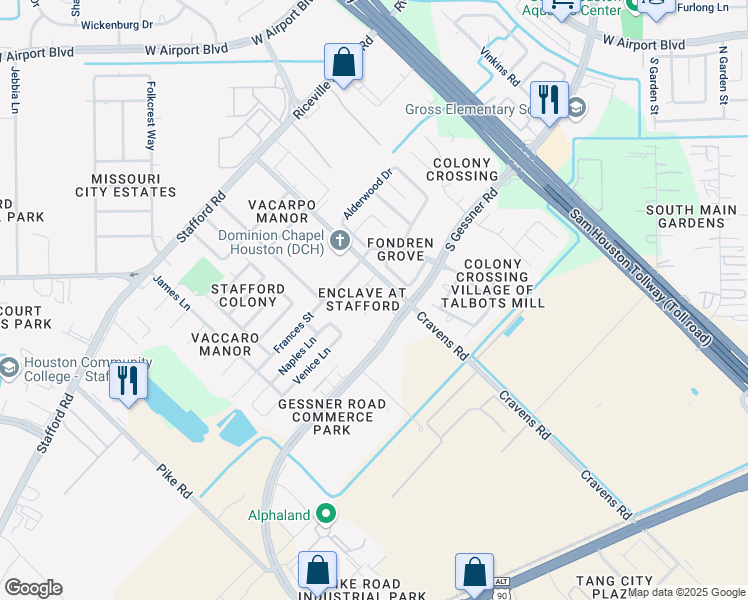 map of restaurants, bars, coffee shops, grocery stores, and more near 12746 Antonia Street in Stafford