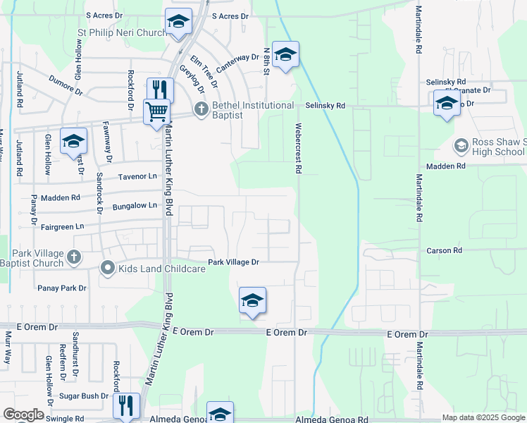 map of restaurants, bars, coffee shops, grocery stores, and more near 11810 Kingdom Come Place in Houston