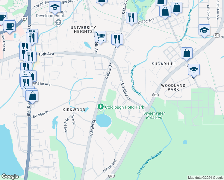 map of restaurants, bars, coffee shops, grocery stores, and more near 83 Southeast 16th Avenue in Gainesville