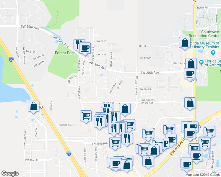 map of restaurants, bars, coffee shops, grocery stores, and more near 4005 Southwest 21st Lane in Gainesville