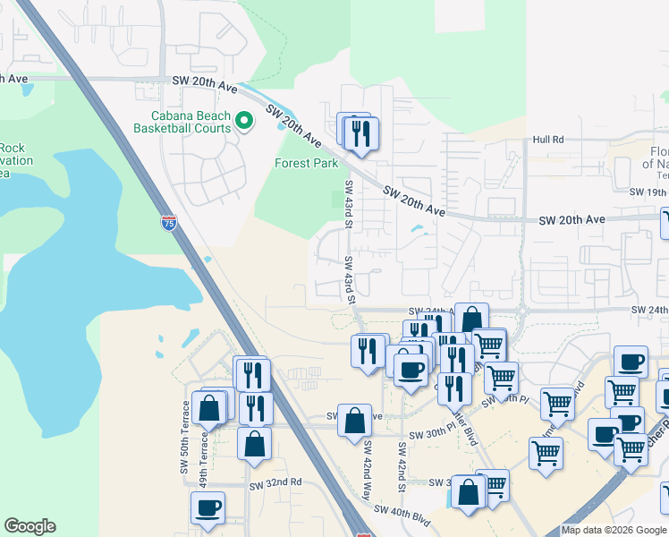 map of restaurants, bars, coffee shops, grocery stores, and more near 4402 Southwest 21st Lane in Gainesville