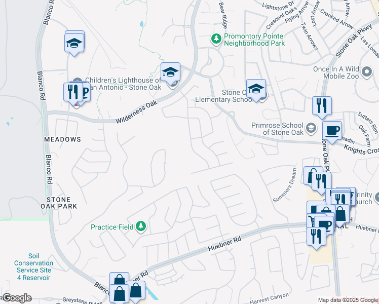map of restaurants, bars, coffee shops, grocery stores, and more near 20522 Cliff Park Lane in San Antonio