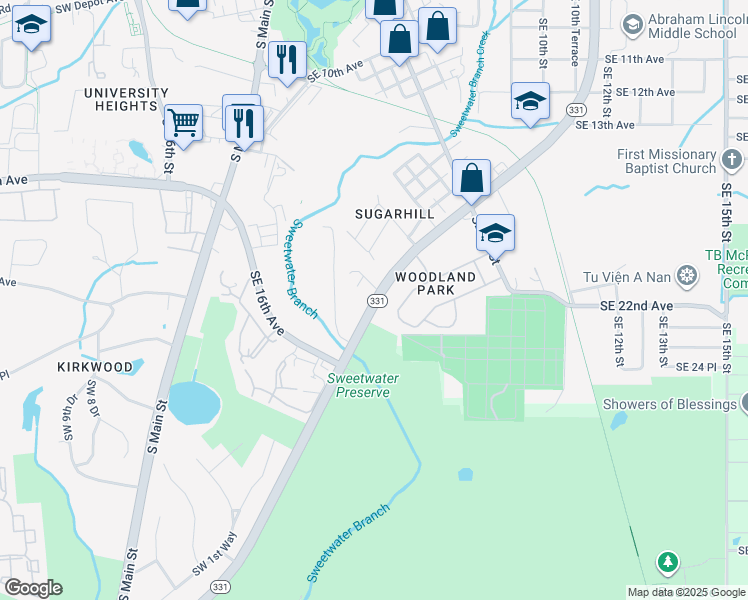 map of restaurants, bars, coffee shops, grocery stores, and more near 2160 Waldo Road in Gainesville