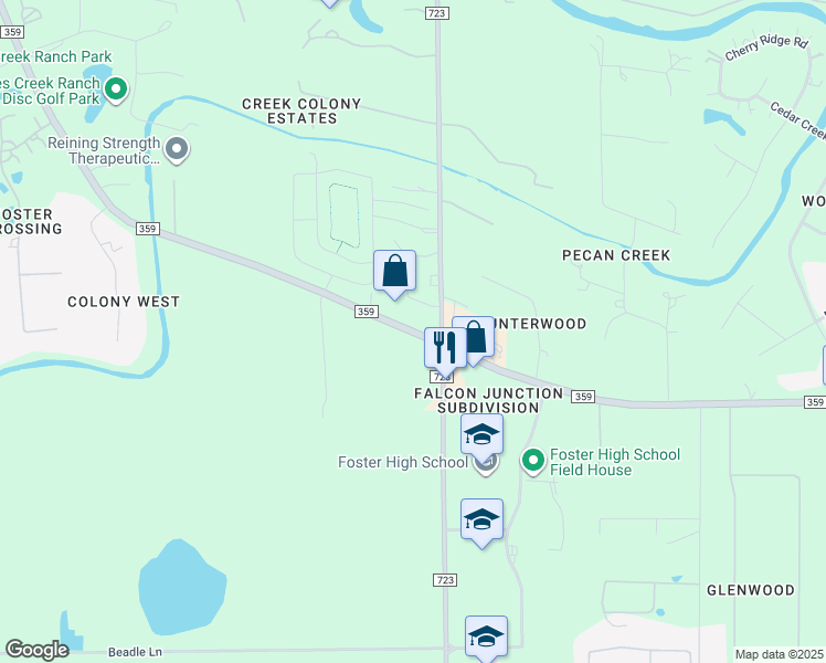 map of restaurants, bars, coffee shops, grocery stores, and more near 6398 Farm to Market 359 in Richmond
