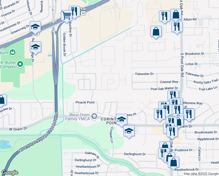 map of restaurants, bars, coffee shops, grocery stores, and more near 6003 Maypine Lane in Houston