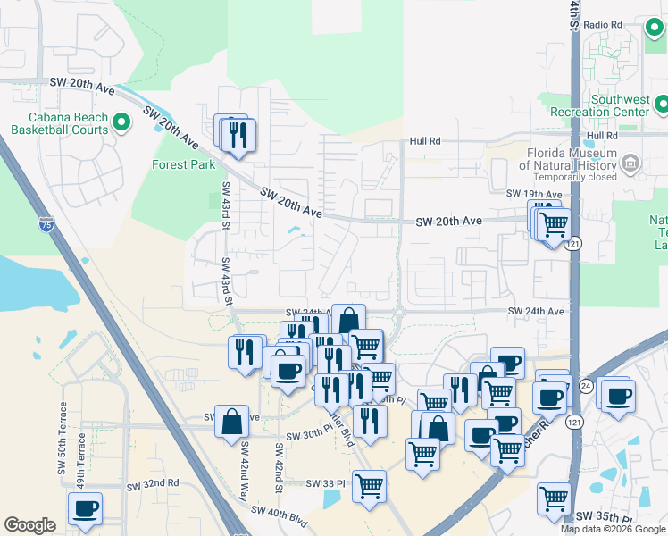 map of restaurants, bars, coffee shops, grocery stores, and more near 4005 Southwest 21st Lane in Gainesville
