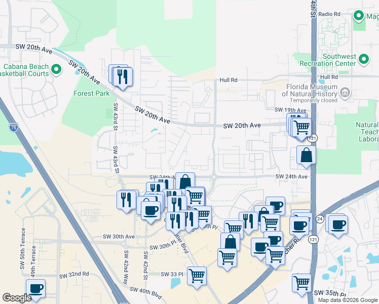 map of restaurants, bars, coffee shops, grocery stores, and more near 2117 Southwest 39 Drive in Gainesville