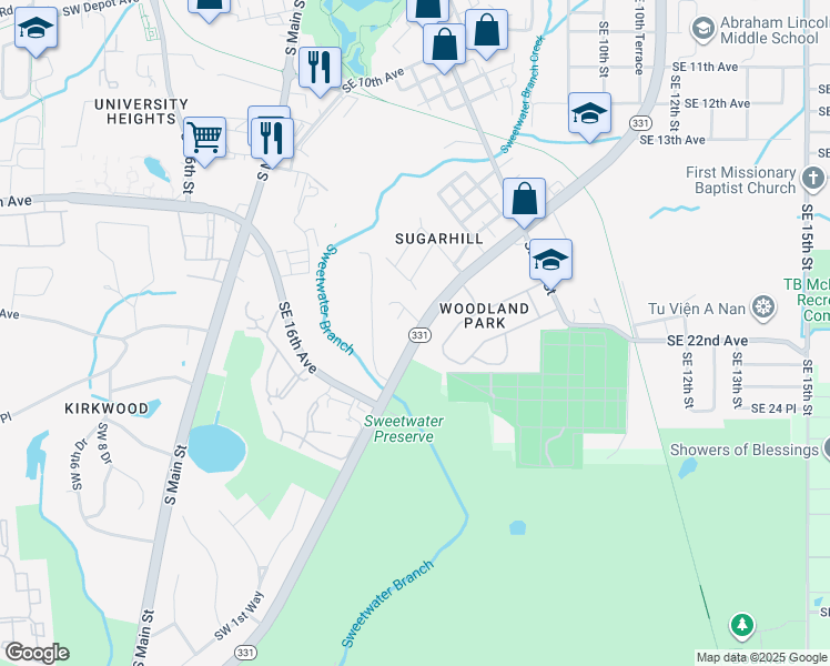 map of restaurants, bars, coffee shops, grocery stores, and more near 2160 Waldo Road in Gainesville