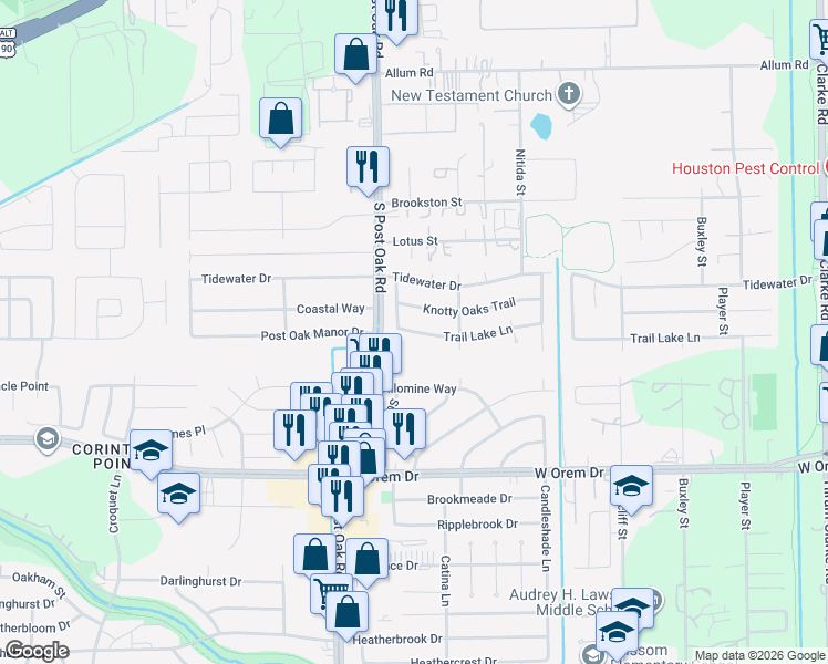 map of restaurants, bars, coffee shops, grocery stores, and more near 8811 Trail Lake Lane in Houston