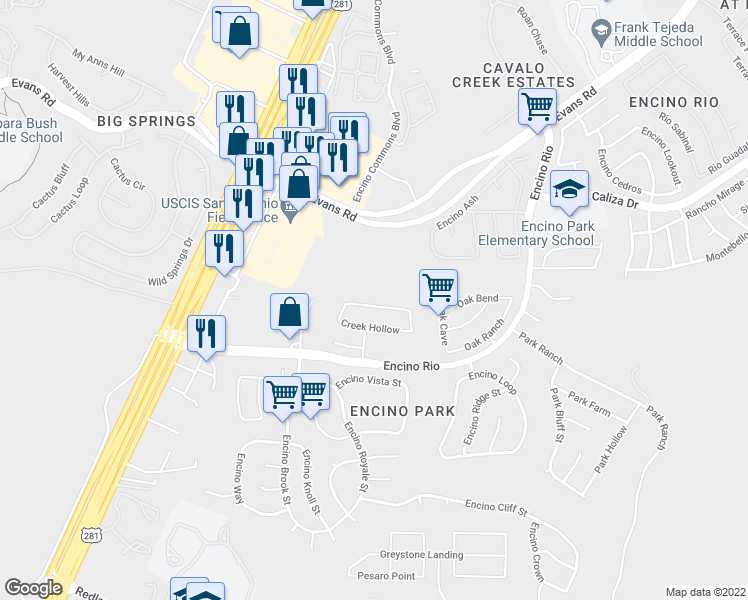 map of restaurants, bars, coffee shops, grocery stores, and more near 1921 Creek Mountain Street in San Antonio