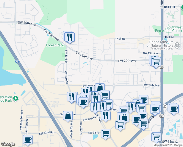map of restaurants, bars, coffee shops, grocery stores, and more near 4017 Southwest 22 Road in Gainesville